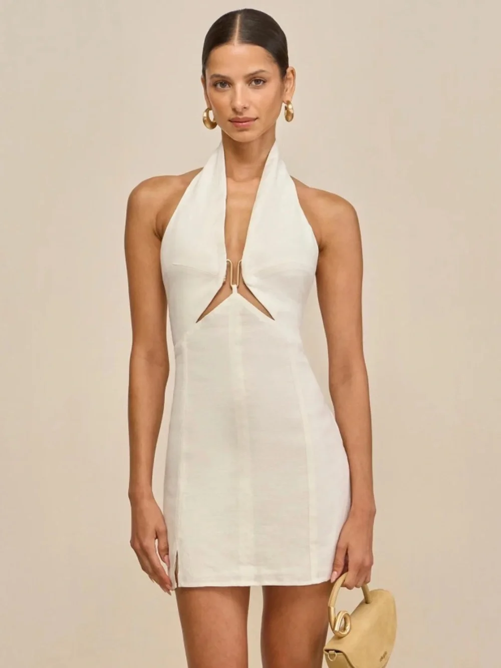 halter wrap mini dress Tan Ribbed Wrap Mini Camari Halter Dress XL